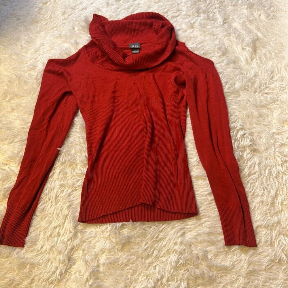 Dot Turtle Neck Large Long Sleeve Cold Open Shoulder Sweater Tunic red Stretch